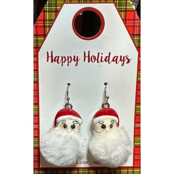 Santa Claus Hypoallergenic Faux Fur Dangle Earrings Christmas Holiday Jewelry - Picture 2 of 5